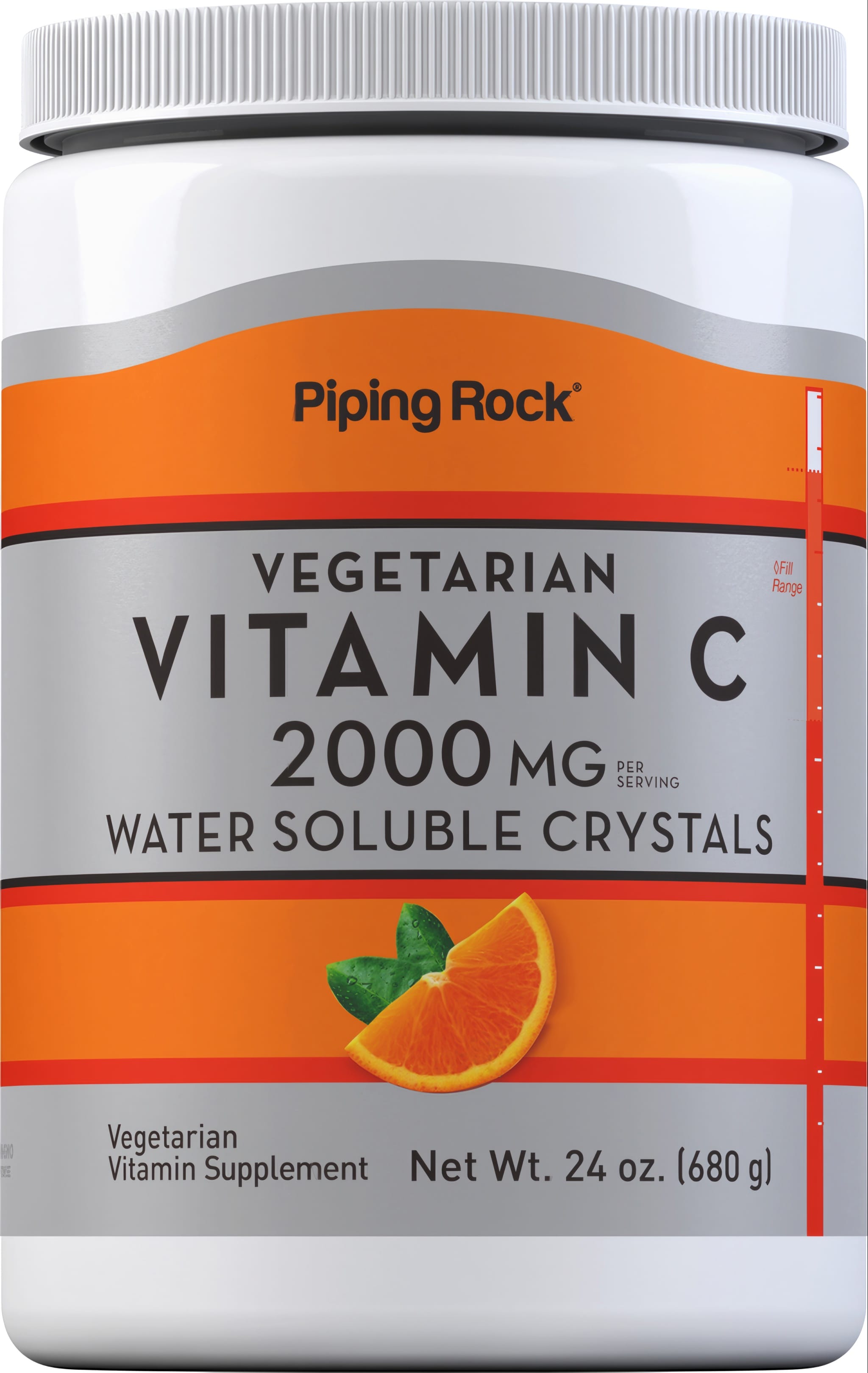 Vegetarian Vitamin C 2000 mg per serving, Water Soluble Crystals, Net Wt. 24 oz. (680 g) with an orange slice illustration.
