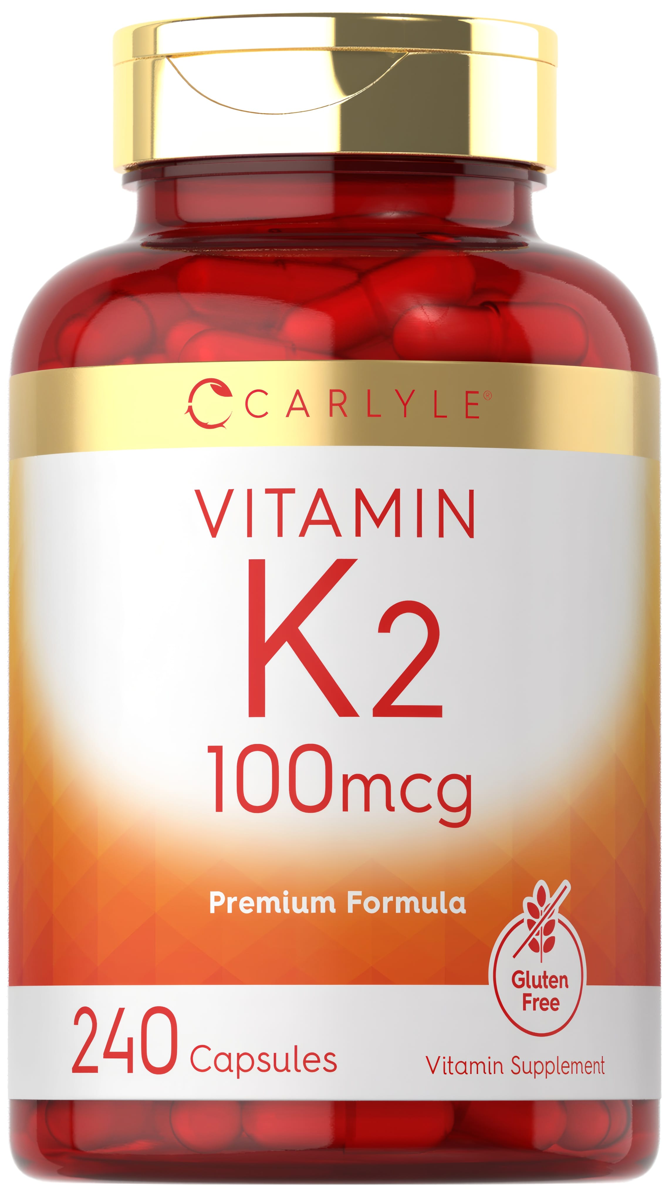Carlyle Vitamin K2 100mcg, 240 capsules; premium formula supplement, gluten-free. Supports wellness.