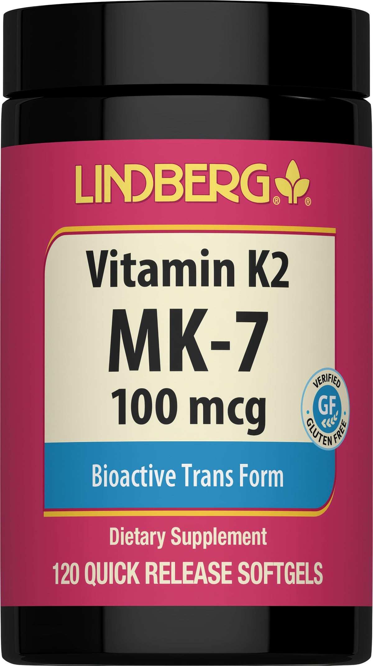 Vitamin K2 MK-7 100 mcg Bioactive Trans Form in 120 quick release softgels, gluten free.