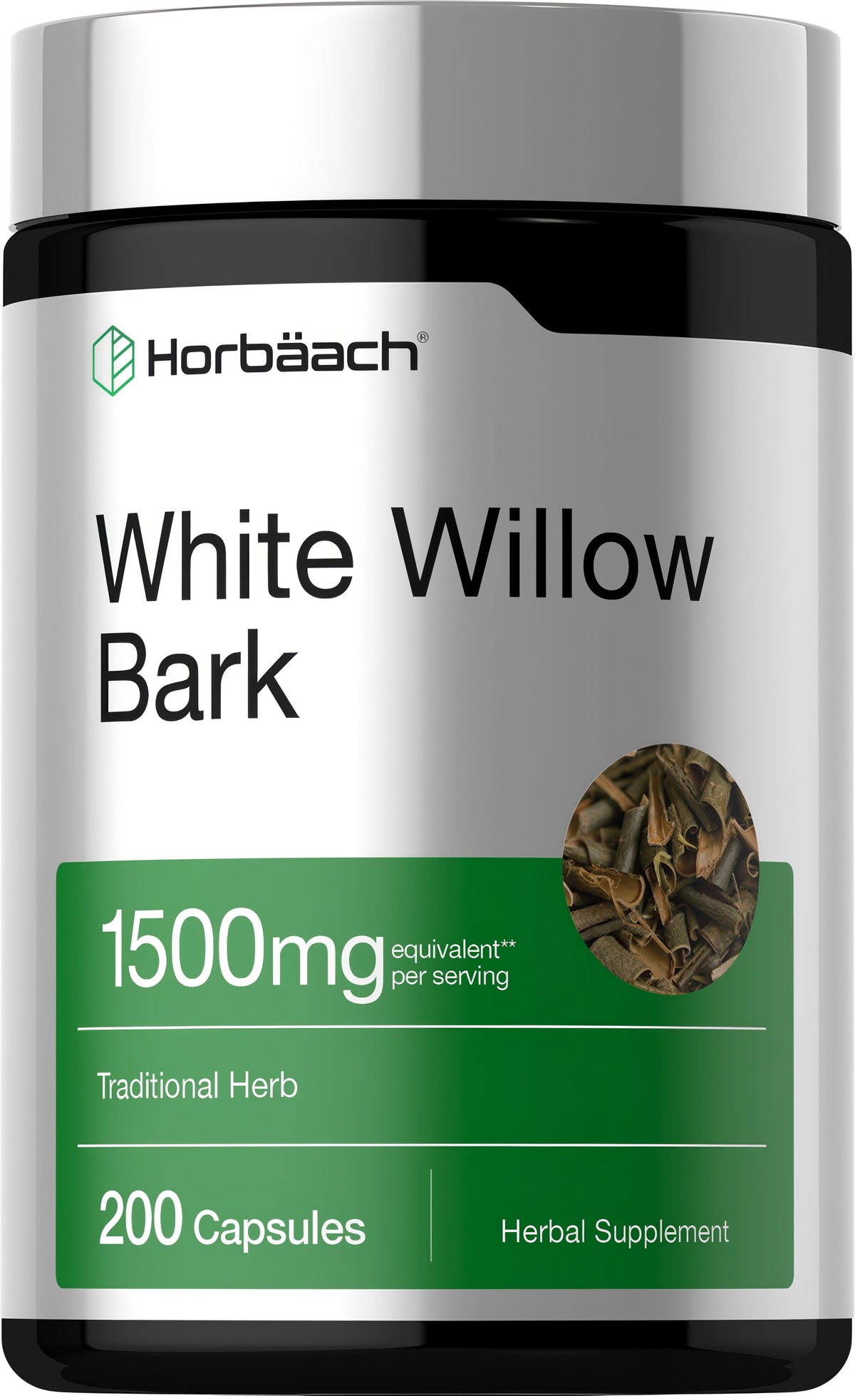 White Willow Bark capsules, 1500mg equivalent per serving, 200 count bottle.