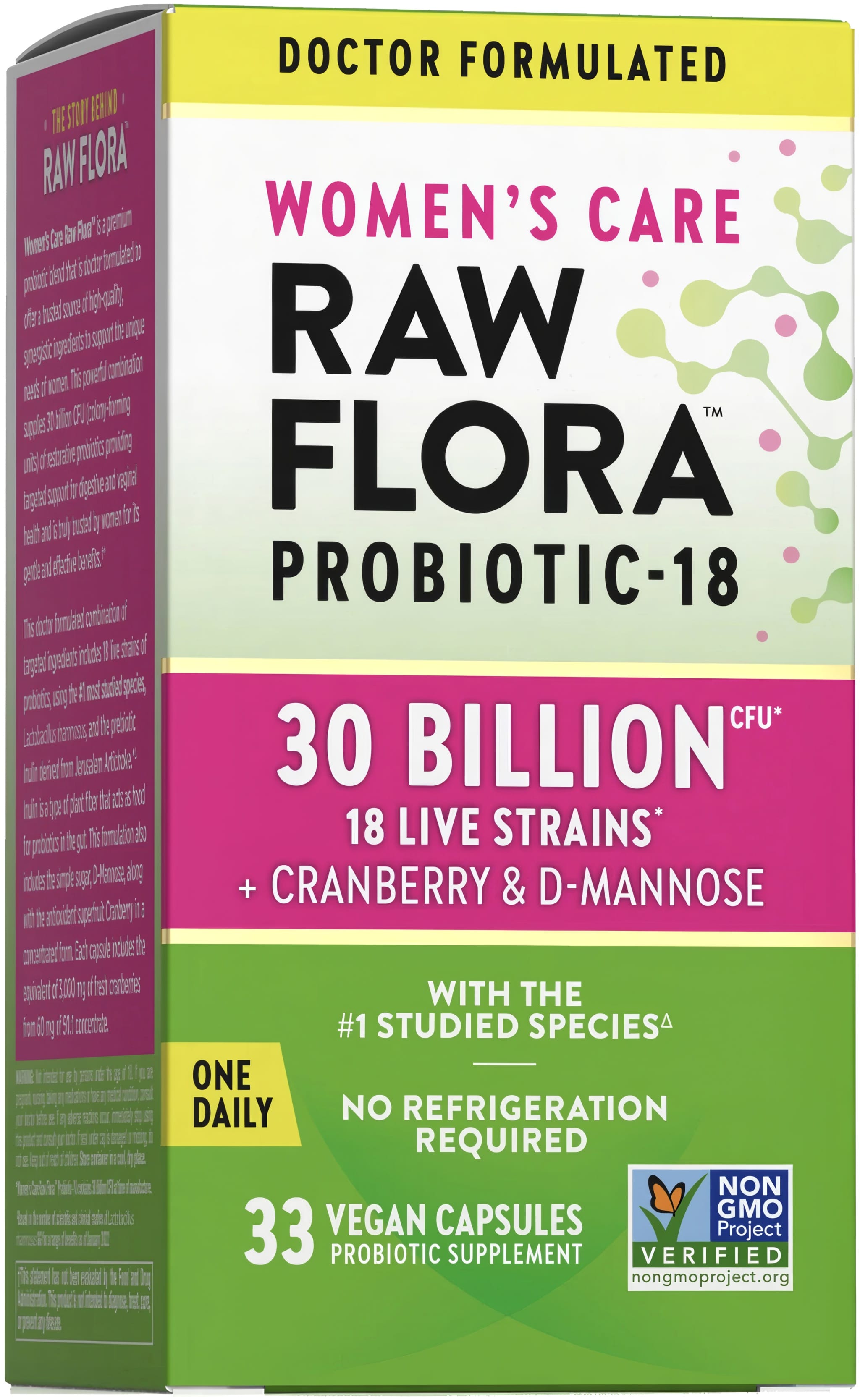 Raw Flora Women's Care Probiotic-18 with 30 Billion CFU, 18 Live Strains, Cranberry & D-Mannose, 33 Vegan Capsules.