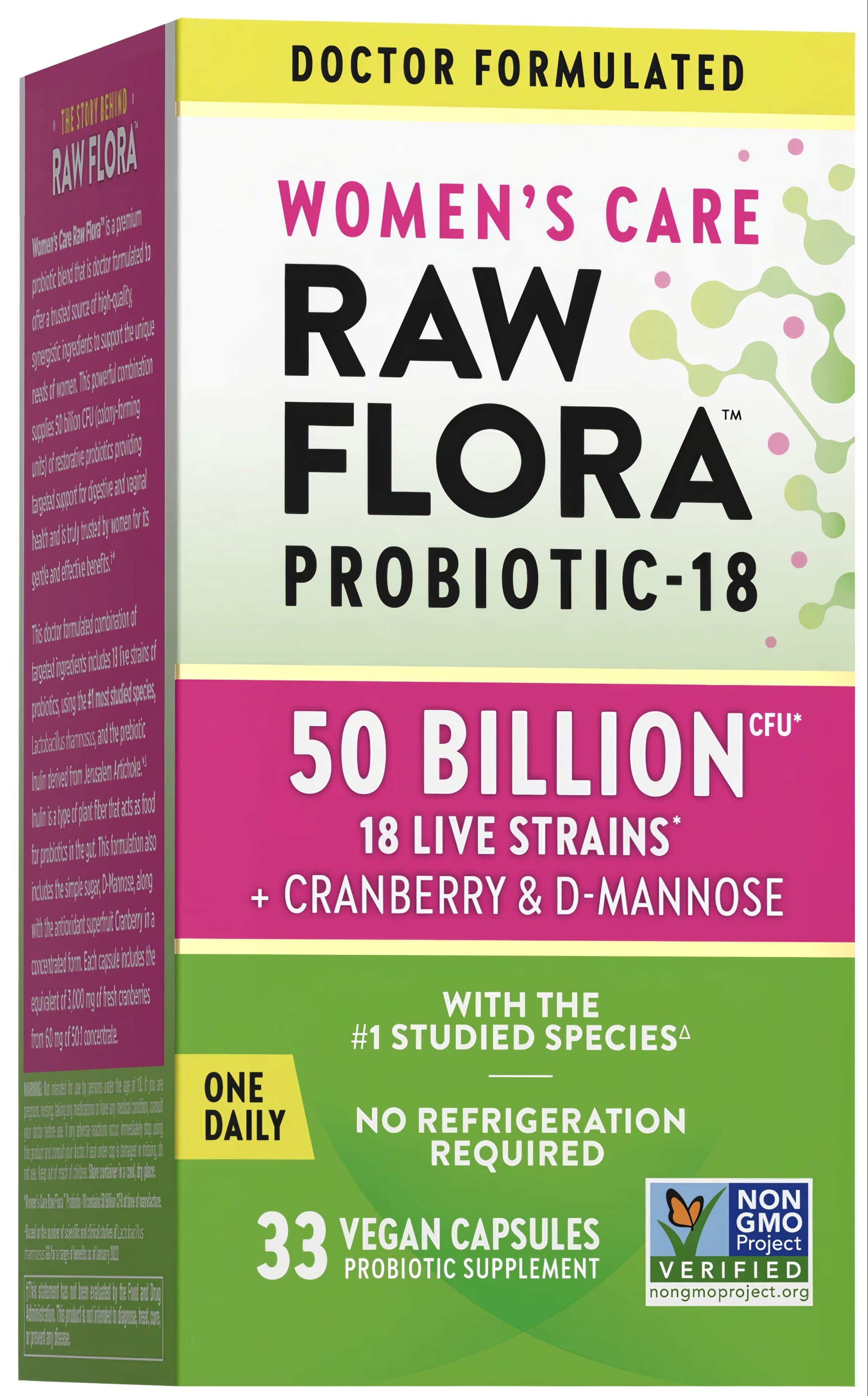 Women's Care Raw Flora box: 50 Billion CFU, 18 strains, Cranberry & D-Mannose, 33 vegan capsules.