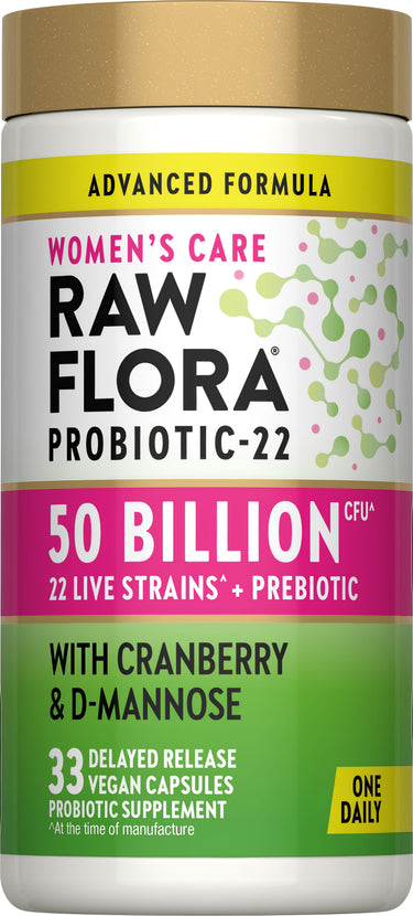 Raw Flora Womens Probiotic with 50 Billion CFU, 22 Strains, Cranberry, and D-Mannose in 33 Vegan Capsules.