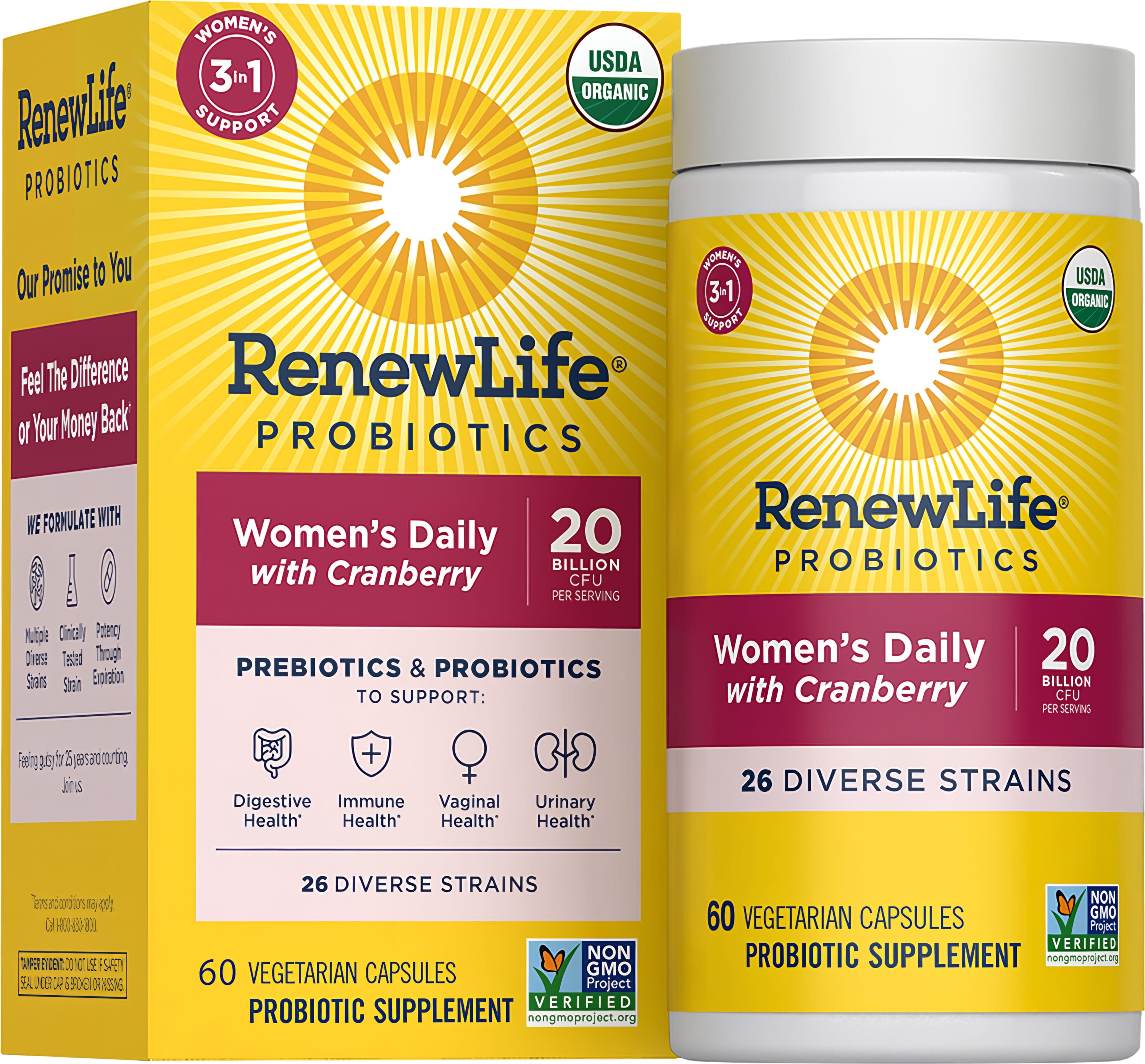 Women's Daily Probiotic with Prebiotic, Cranberry, 20 Billion CFU, 26 strains, 60 Veg Capsules, USDA Organic, Non-GMO.