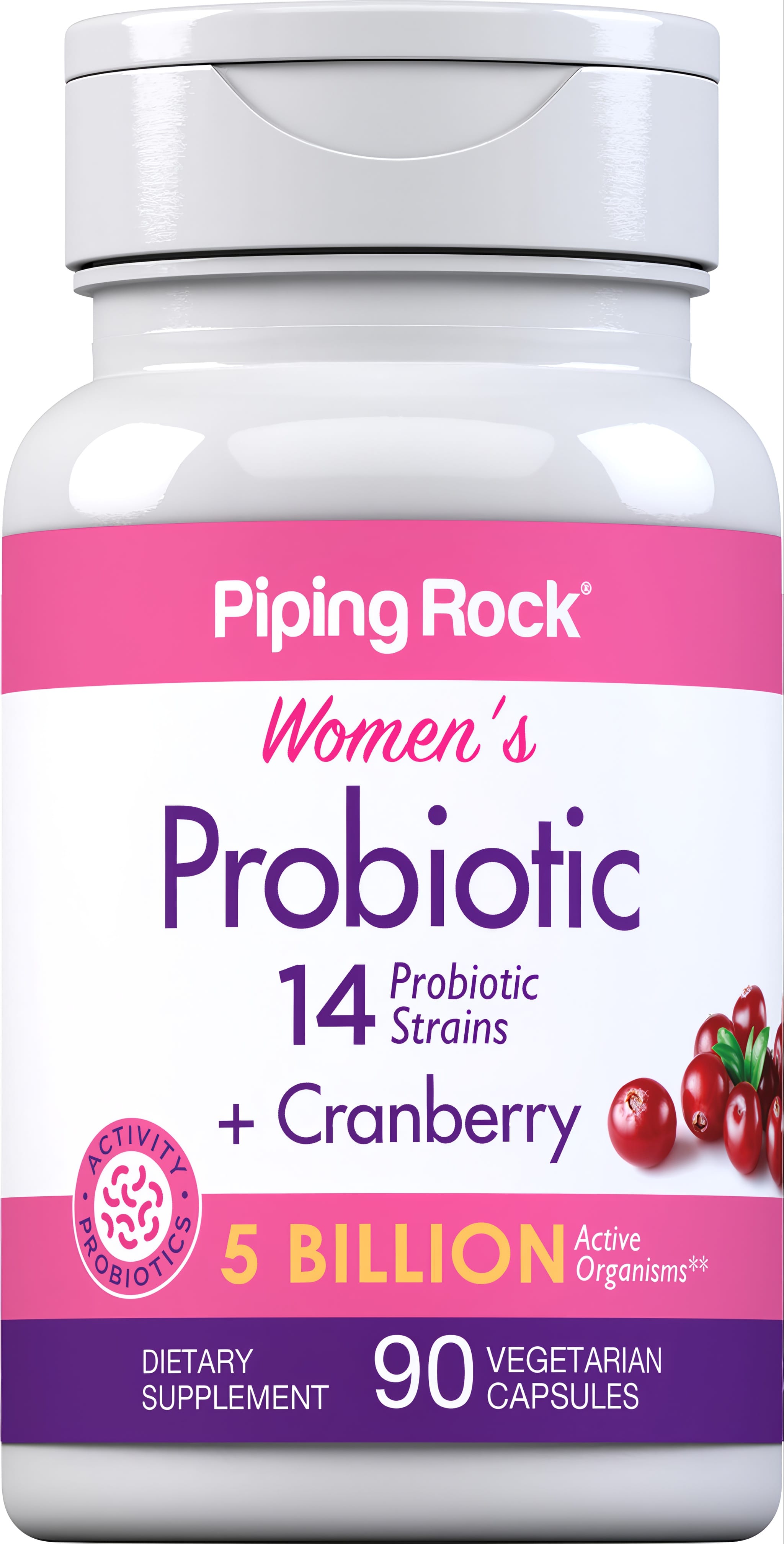 Women's Probiotic with 14 strains and cranberry, offering 5 billion active organisms in 90 vegetarian capsules.
